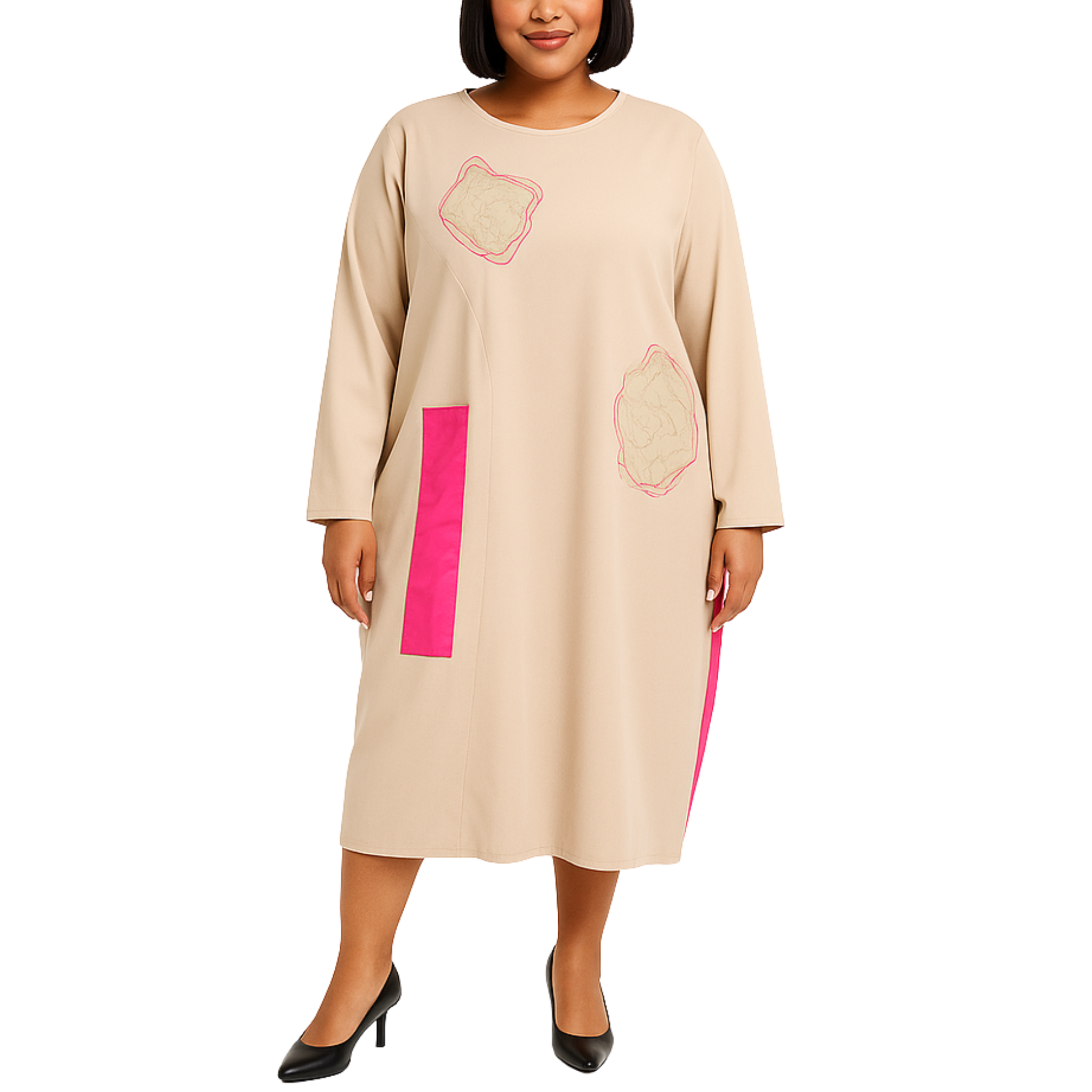 Beige Midi Dress with Fuchsia Panels & Drawstring