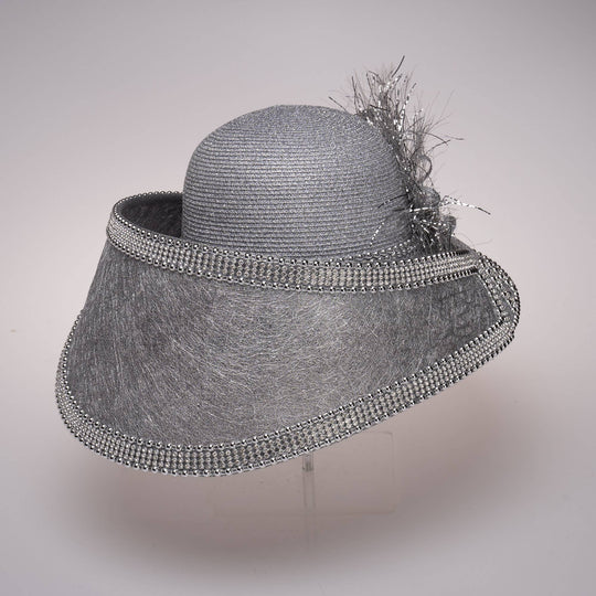 Luxury Metallic Hat With Sinamay & Rhinestone: Silver