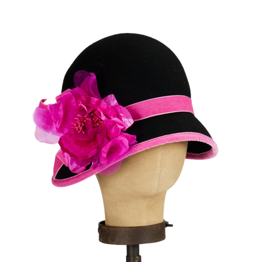 Black & Pink Cloche Hat with Silk & Velvet Trim – Le' Diva