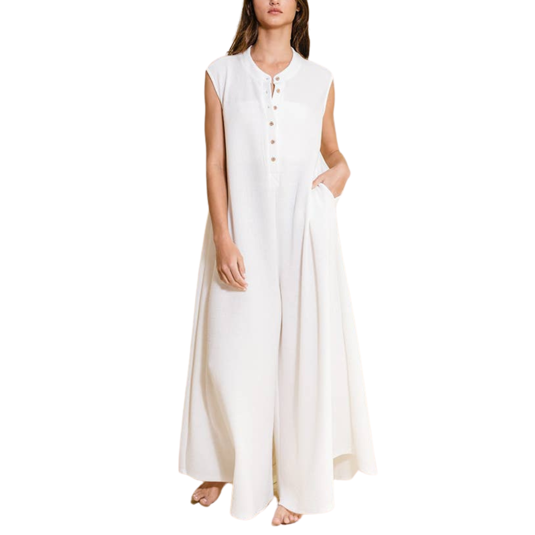 loose jumpsuit dress Wide Leg Button-up Loose Fit Solid Jumpsuit Medium / Ivory