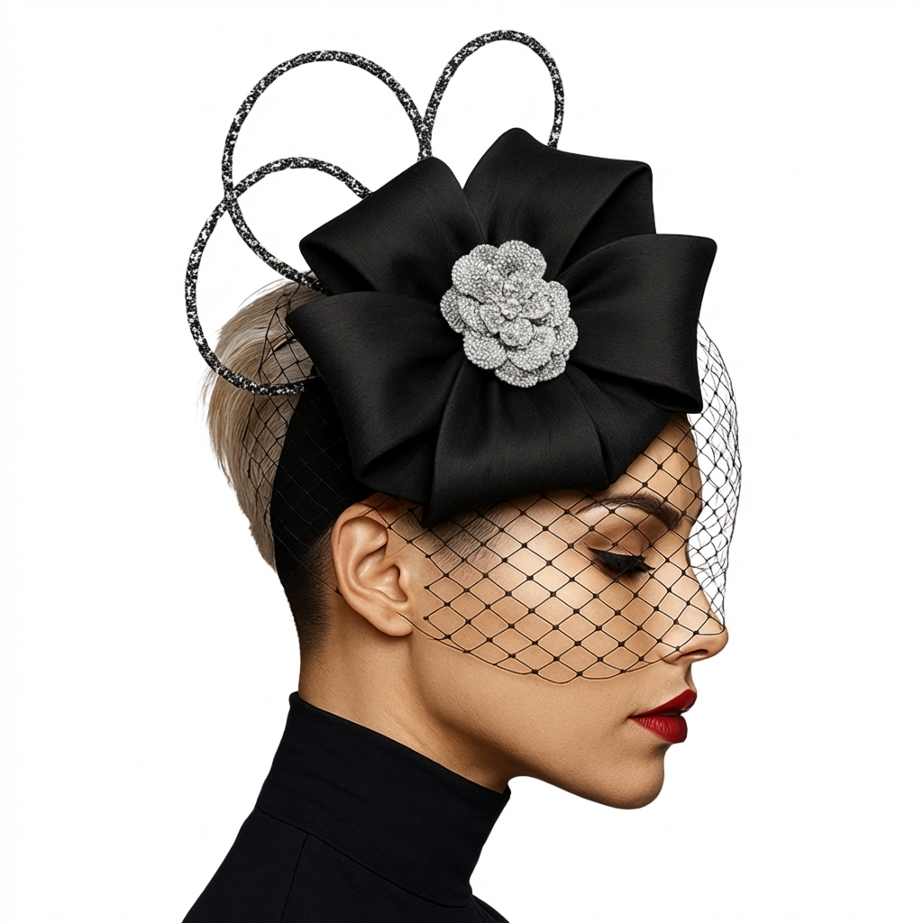 Black Lourdes Fascinator – Satin Bow & Rhinestone Bloom | Le  display picture 2