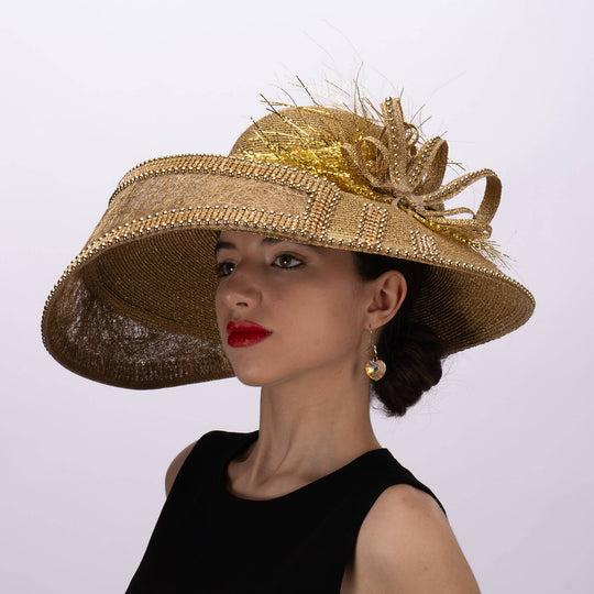 Luxury Metallic Hat With Sinamay & Rhinestone: Gold