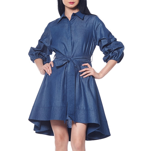 Vestido camisero de mezclilla de cambray de corte alto y bajo Vestido camisero de mezclilla de cambray de corte alto y bajo