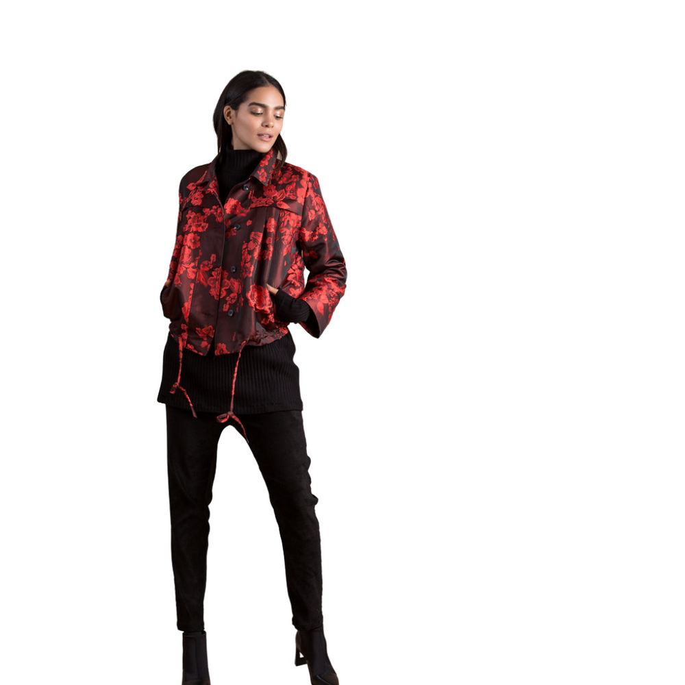 Brocade Blouson Jacket - Alembika
Blouson jacket matches casual styling with rich, formal brocade fabric. Cropped length stands away from the body with deep pleats across the chest and back. Volume can be cinched with the drawstring at hem. Long slim sleeves have a fully lined cuff for turn-back styling. Welt pockets, button closure. Made in Israel. 100% Polyester Machine Wash Cold / Hang Dry
Brocade Blouson Jacket - Alembika
Blouson jacket matches casual styling with rich, formal brocade fabric. Cropped le