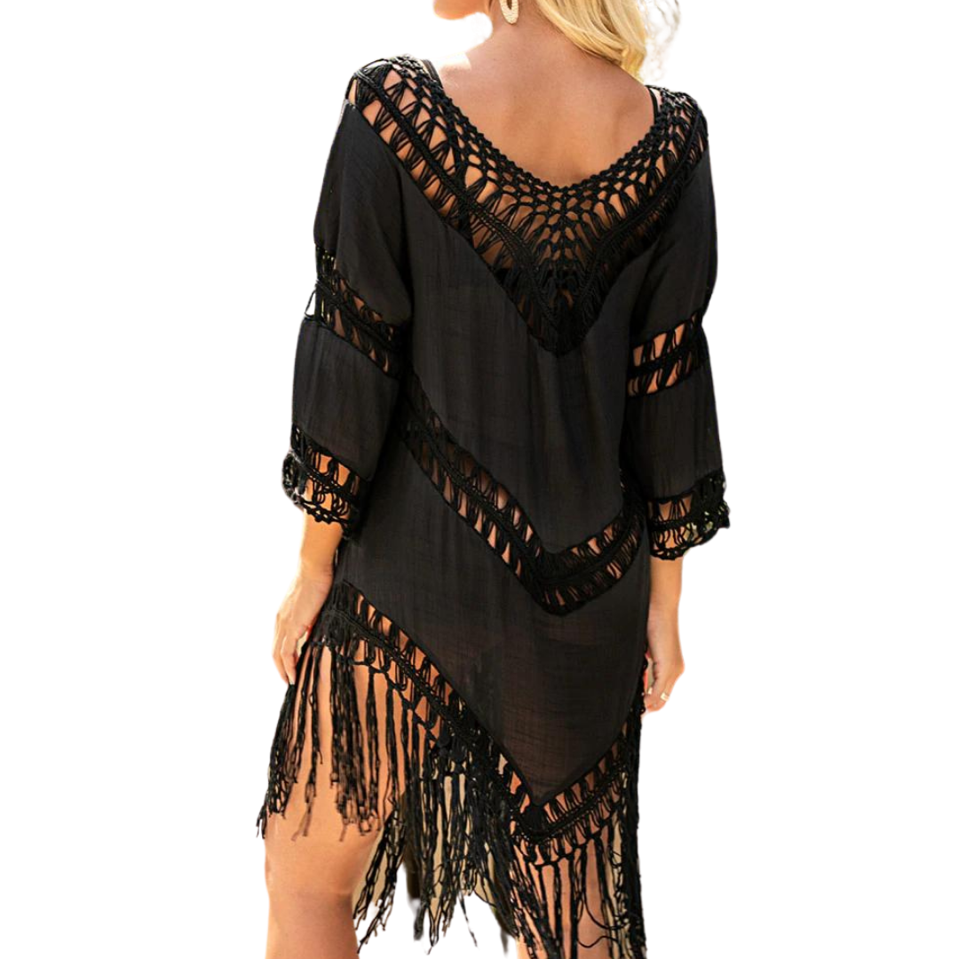 Bathing Suit Cover Up - Black
Chill out on a hot summer day with our lacy 3/4 tasseled and crocheted sleeve boat neck cover up. Easy to throw on and look super sexy. One size. 100% polyester Hand wash China import
Bathing Suit Cover Up - Black
Chill out on a hot summer day with our White Boho V-Neck Cover Up. This cover up features soft and stretchy crochet design and neck drawstring with tassels. 
633-blk

$36.99
$36.99
$36.99
bikini cover up, black bathing suit cover up, black bikini cover up, black cover