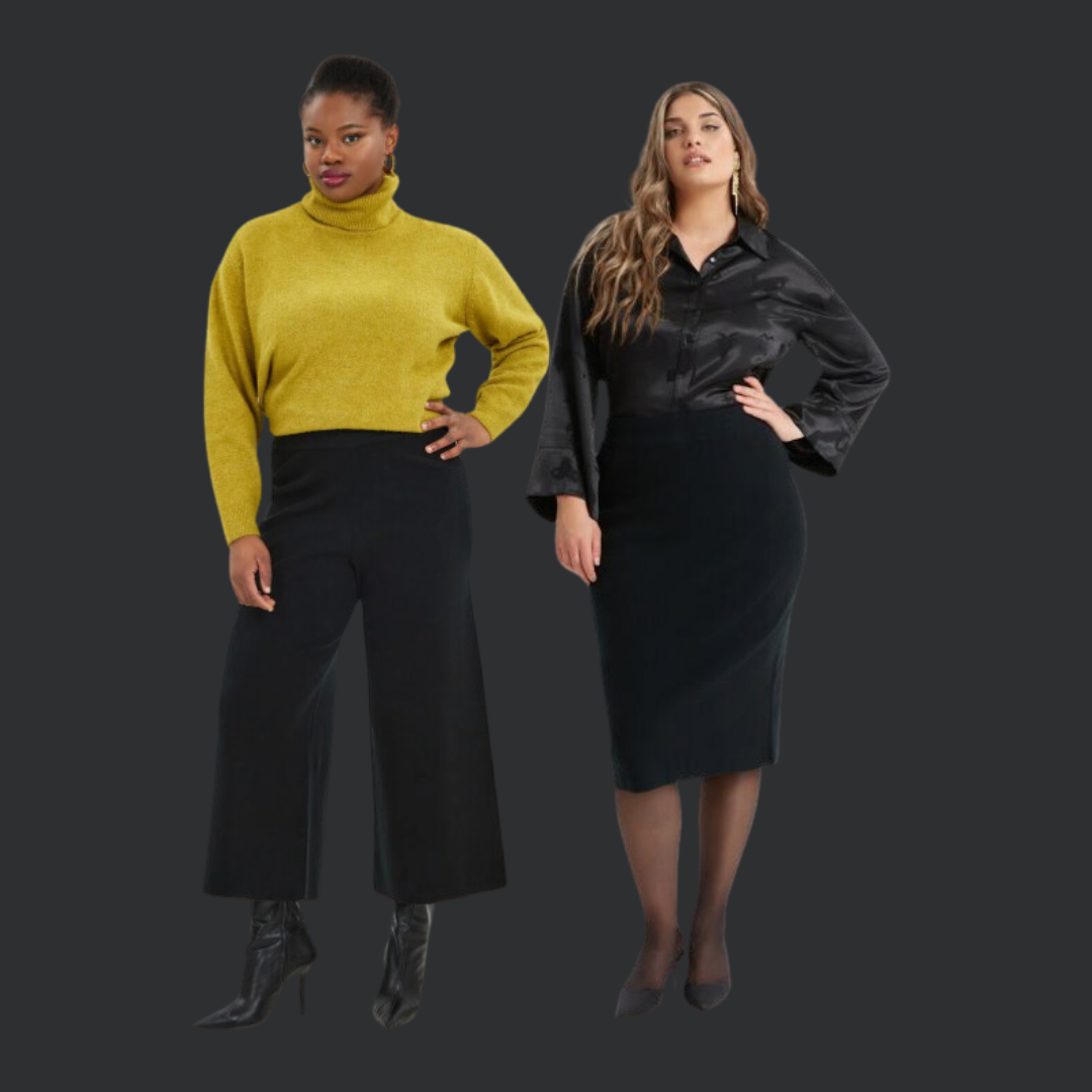 2 ladies one wearing a black skirt and the other is wearing black pants.  