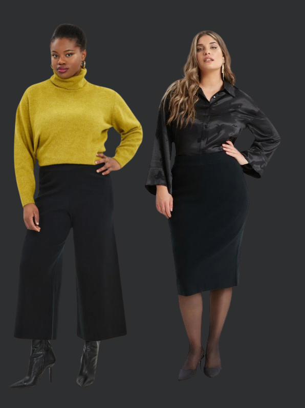 2 ladies one wearing a black skirt and the other is wearing black pants.  