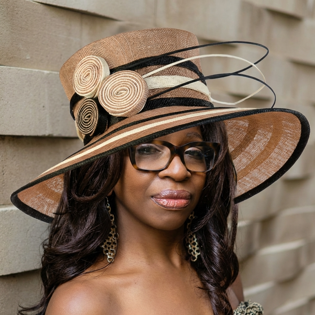 Elegant woman wearing a wide-brim straw hat with black and beige detailing, styled for a formal event or special occasion