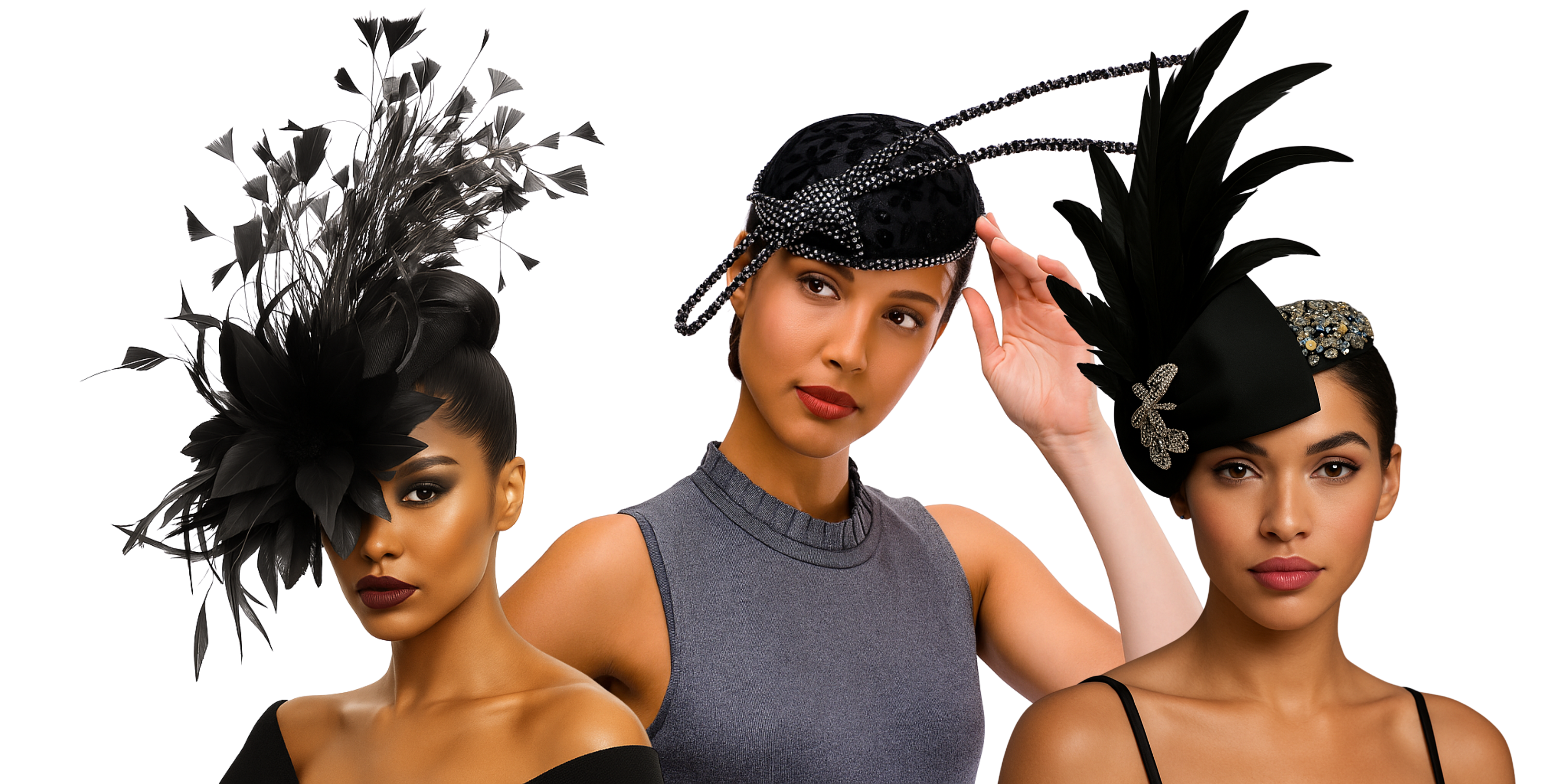 3 models wearing black fascinators | Le Diva Boutique
