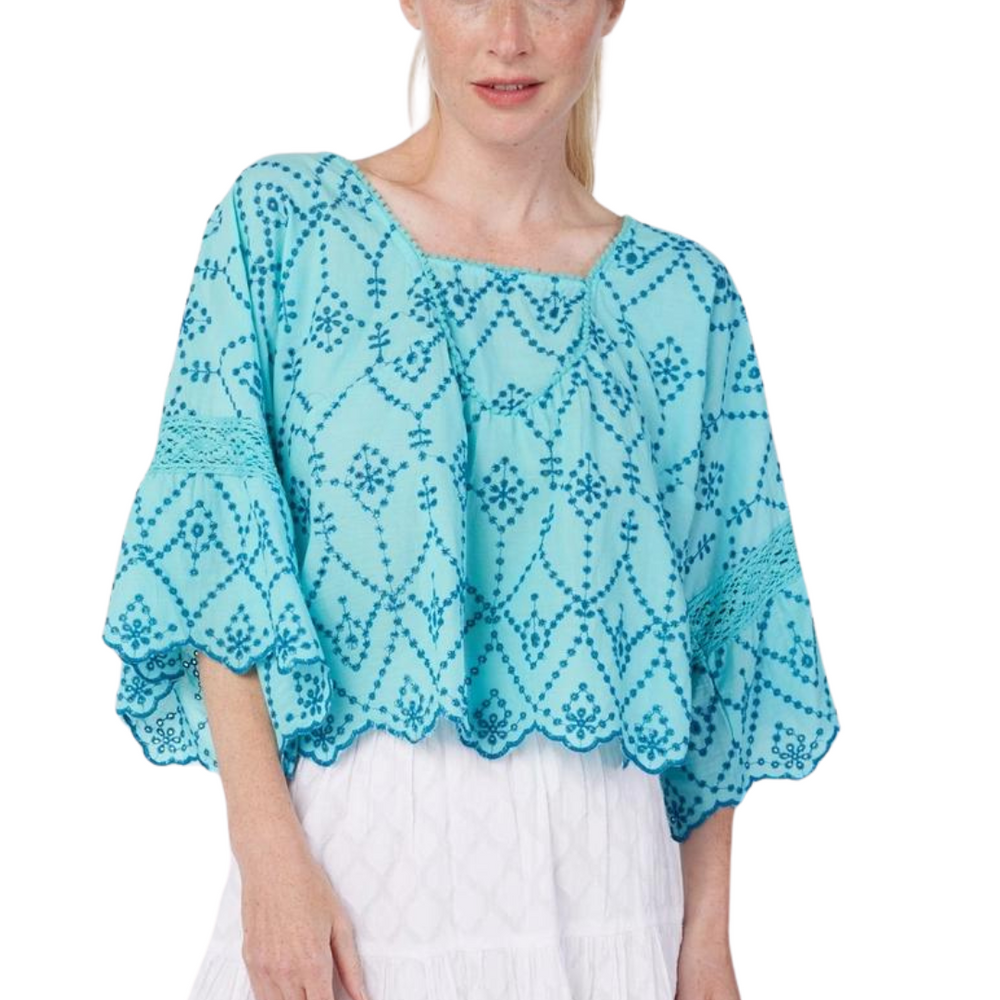 Sandra Blue Embroidered Eyelet Lace Blouse
