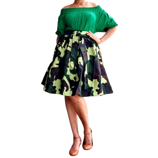 Short Printed Flared Skirt- Green Camouflage