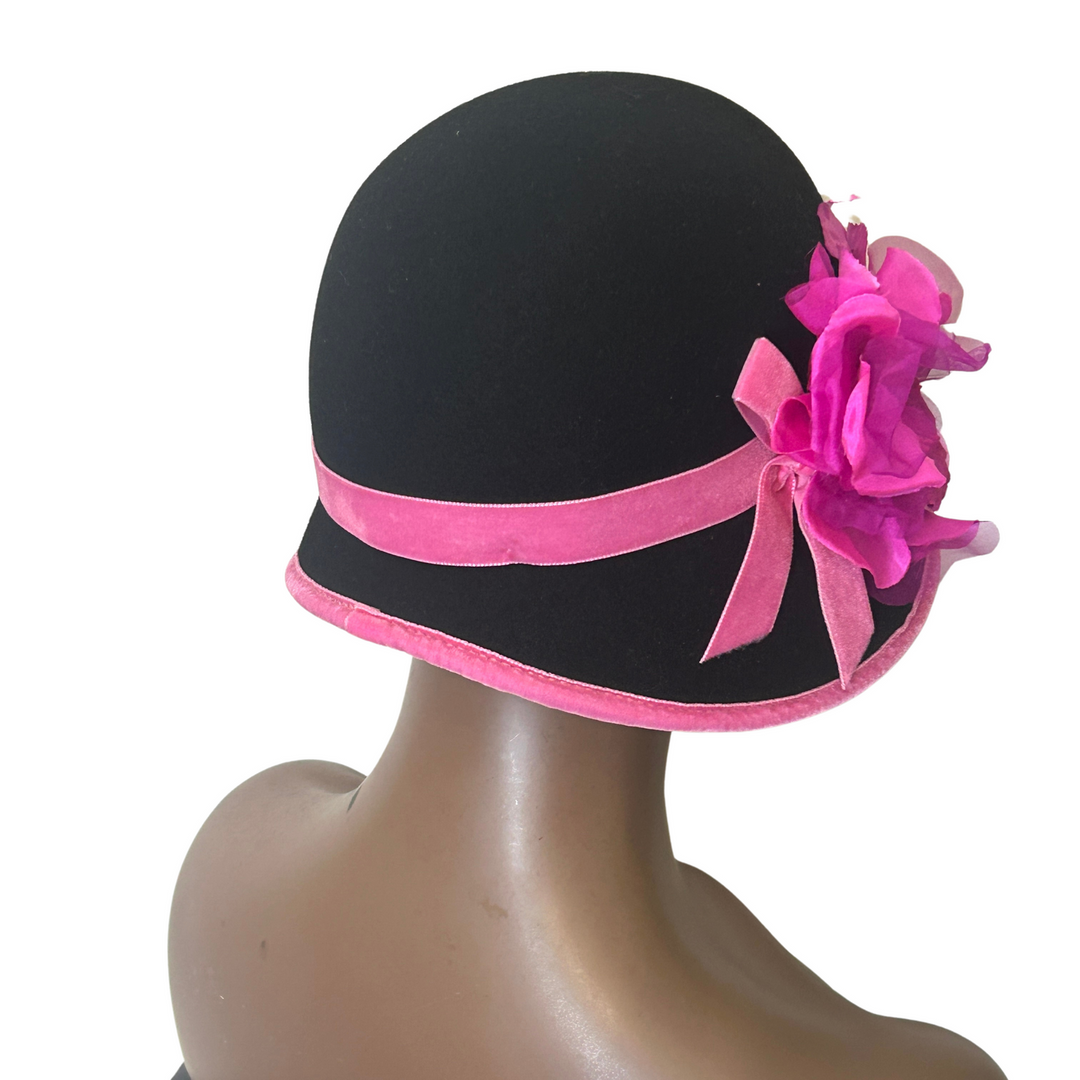 Black & Pink Cloche Hat with Silk & Velvet Trim