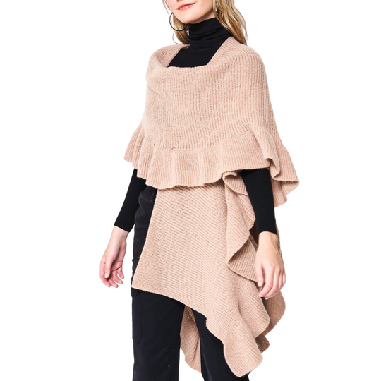 Ruffle Sleeve Knit Shawl - Beige