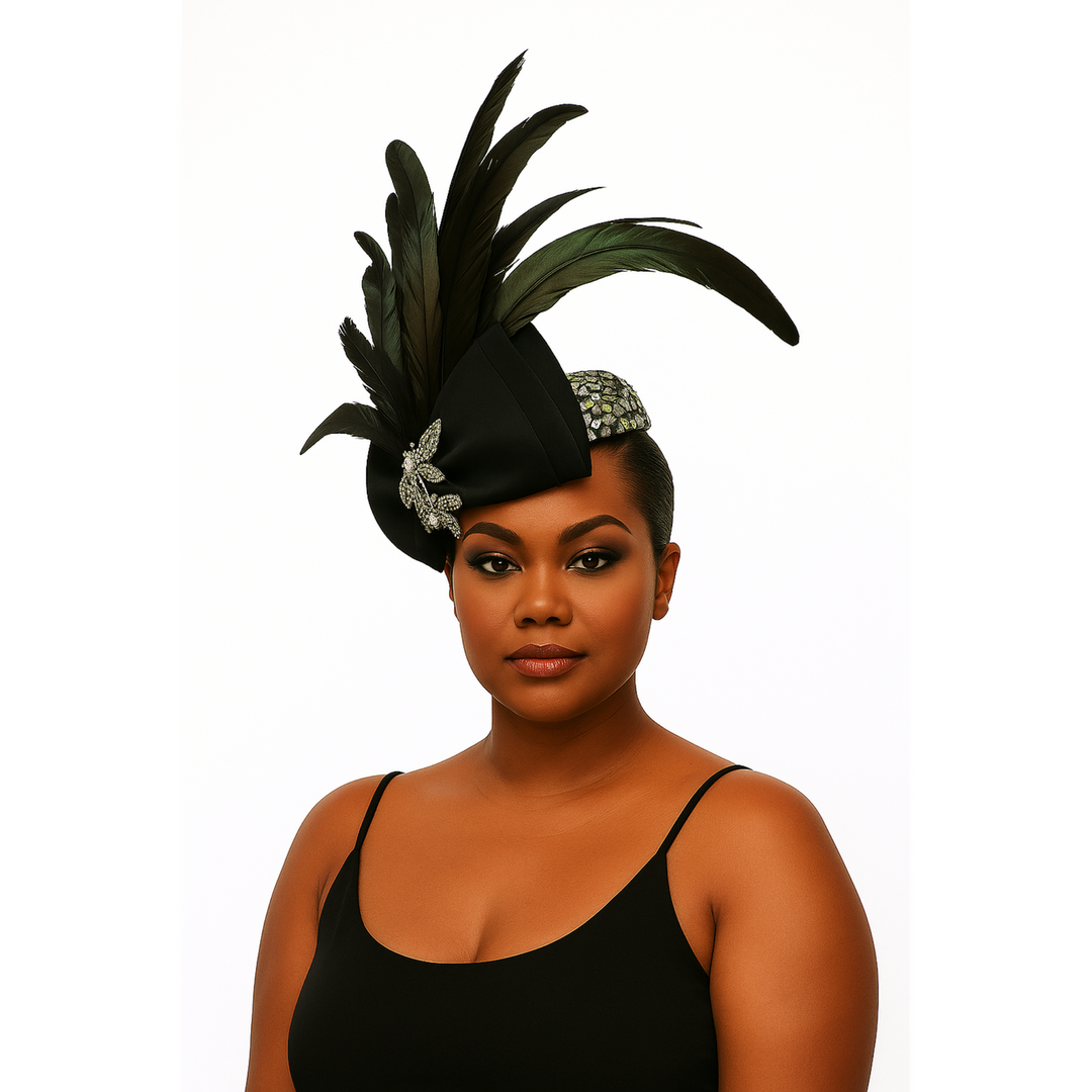 Tocado de cacatúa con plumas negras y ribete de cristal de Whittall &amp; Shon