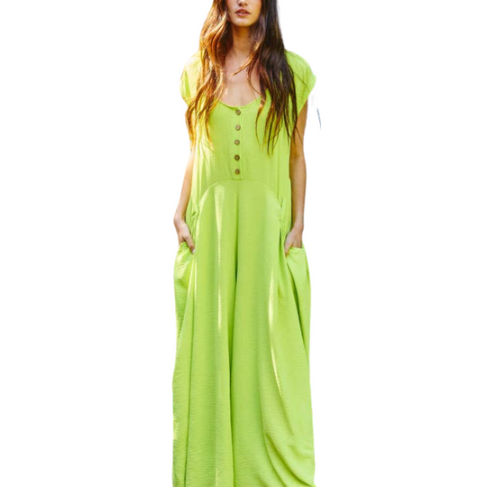 Wide Leg Solid Woven Jumpsuit: Lime Green