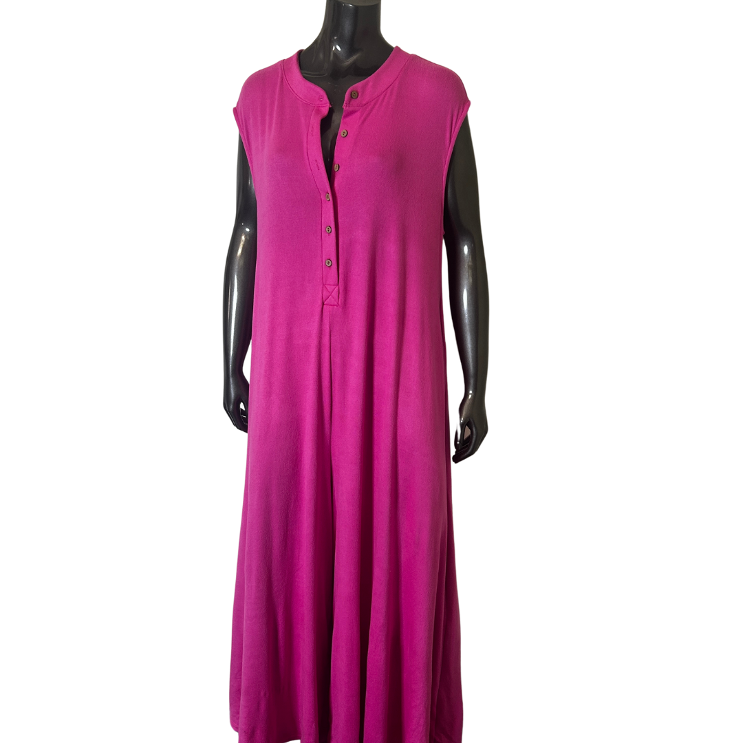 Wide Leg Button-up Loose Fit Solid Knit Jumpsuit: Fuchsia