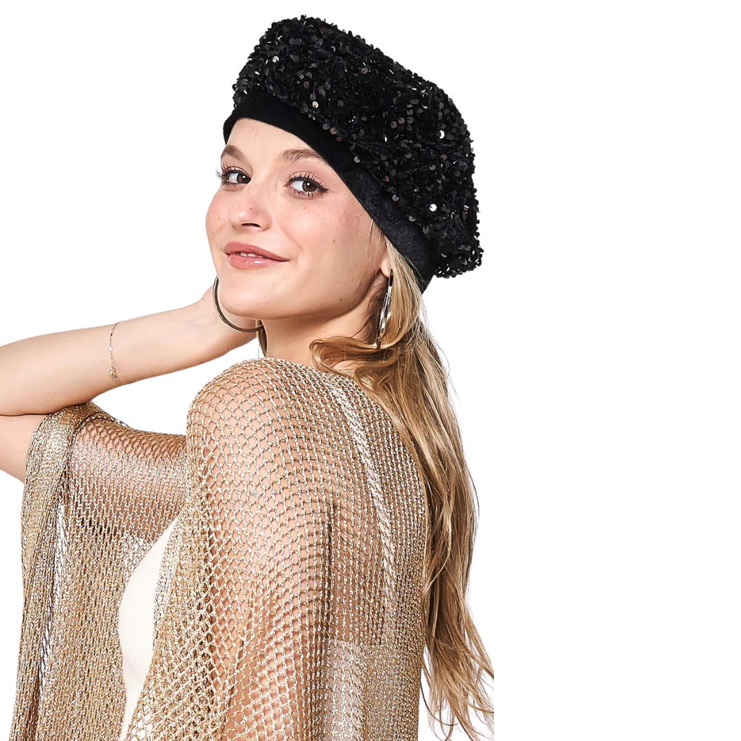 Sequin Beret - Black/Black