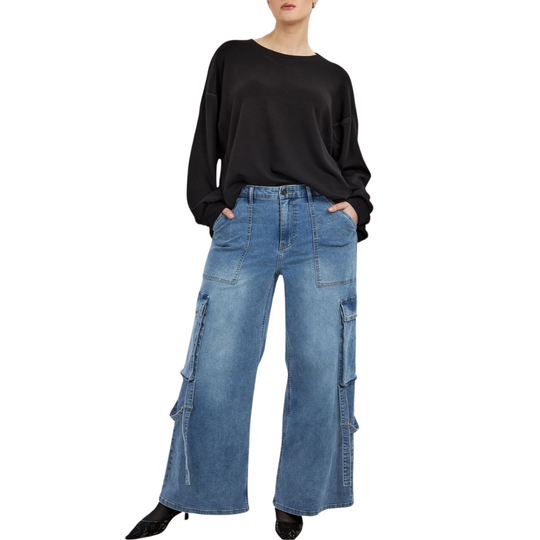 Washed Blue Wide Leg Cargo Jeans - Plus Size