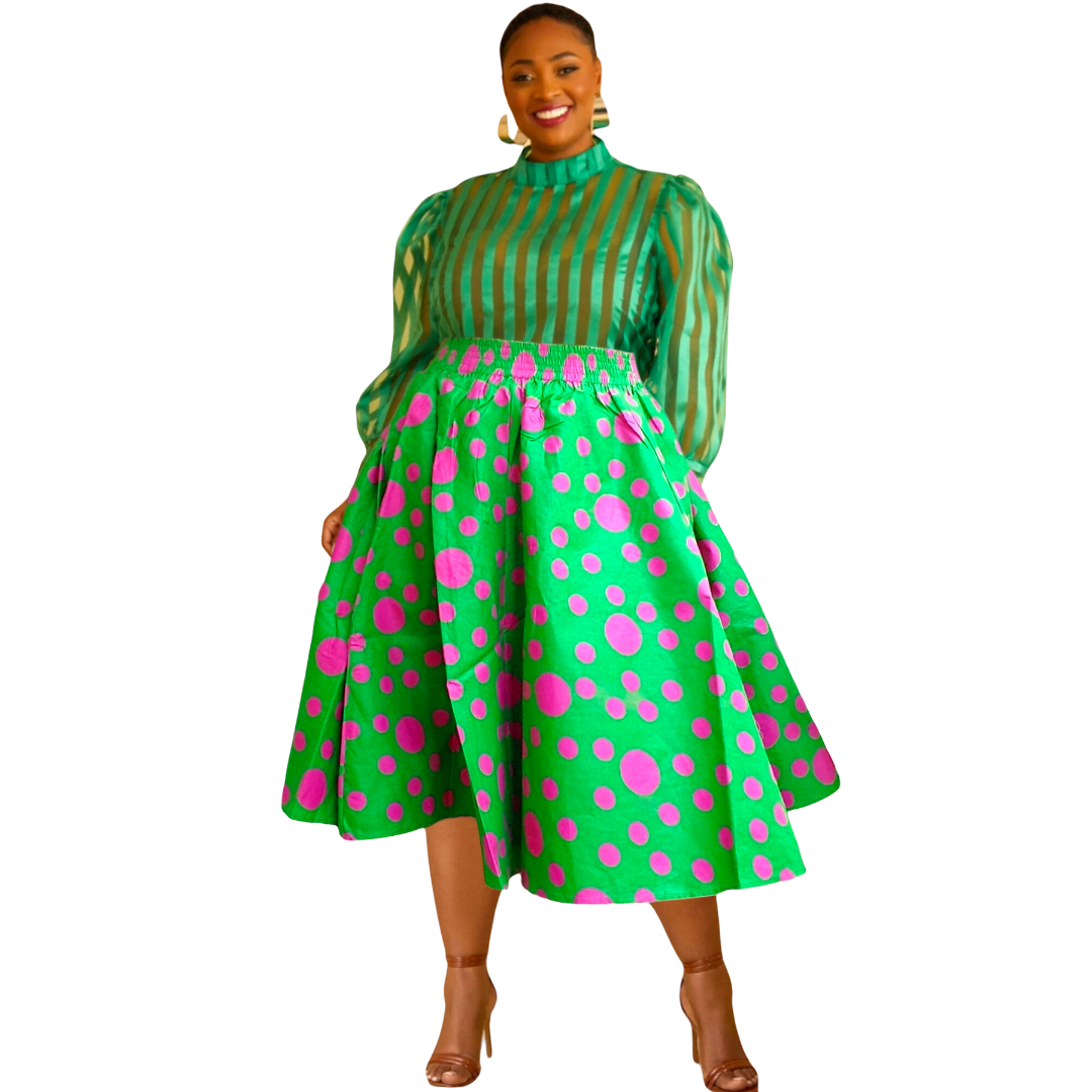 Mid Length Maxi Skirt- Green/Pink Polkadot Mid Length Maxi Skirt- Green/Pink Polkadot