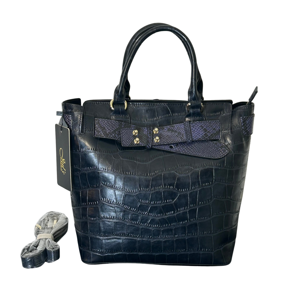 Navy Blue Leather Reptile Embossed Tote Bag