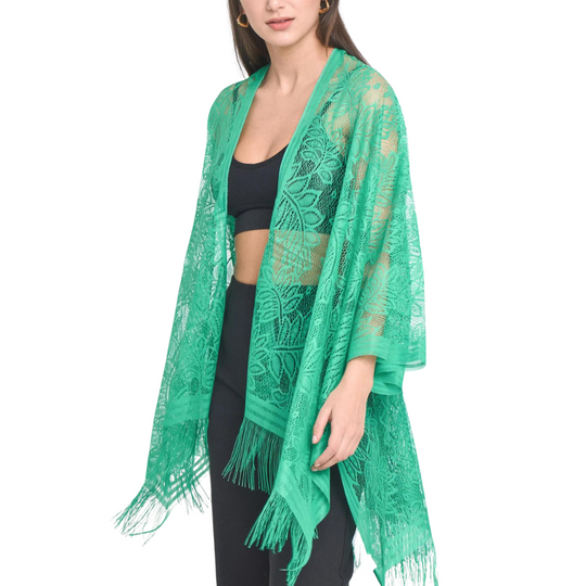 Leaf Pattern Lace Kimono - Green