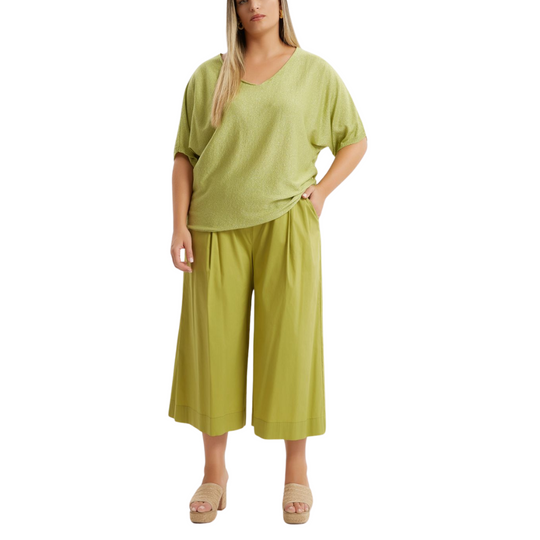 Chartreuse metallic shimmer sweater with V-neck and elbow-length sleeves – Mat Fashion