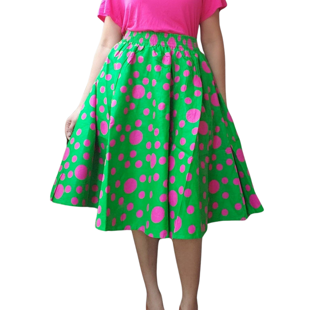 Mid Length Maxi Skirt- Green/Pink Polkadot