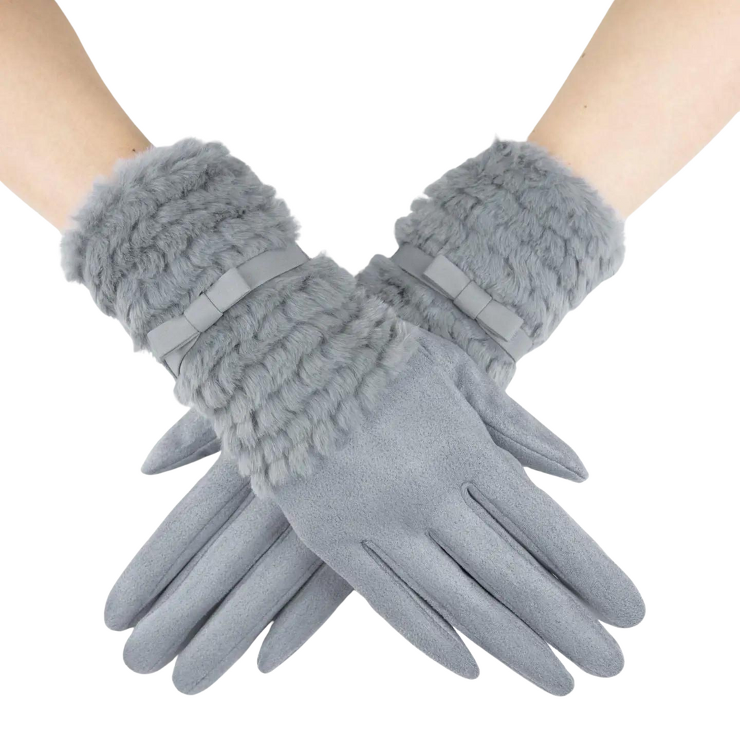 Gloves Grey Ribbon with Fur Cuff