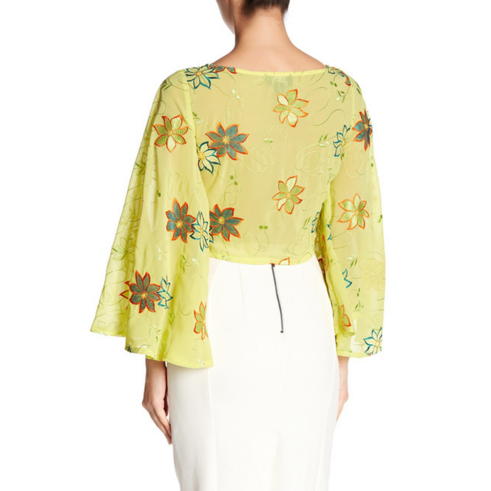 Yellow Embroidered Crop Top with Bell Sleeve