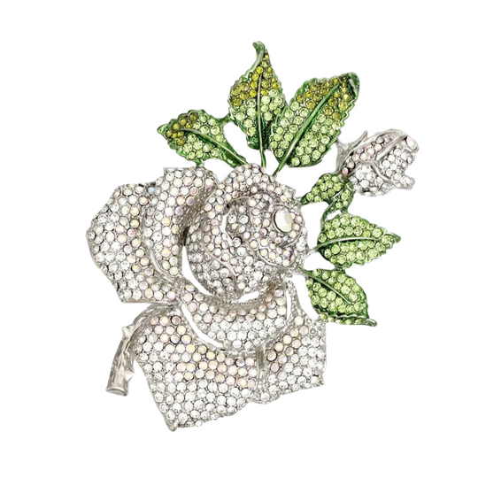 Flower Rose with Green Leaf Rhinestone Brooch Pin - Silver