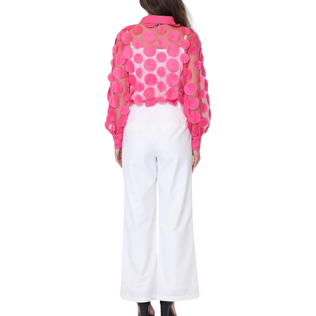 Statement Collar Puff Sleeve Button Down Blouse - Fuchsia