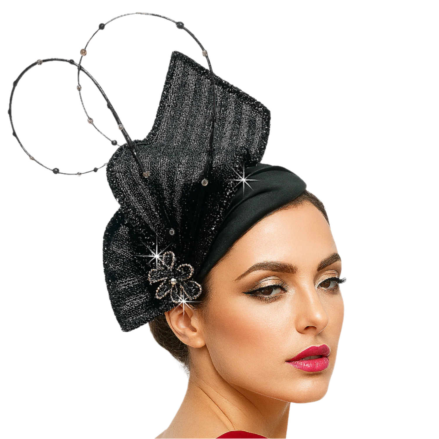 Woman wearing a black decorative headpiece with a white background