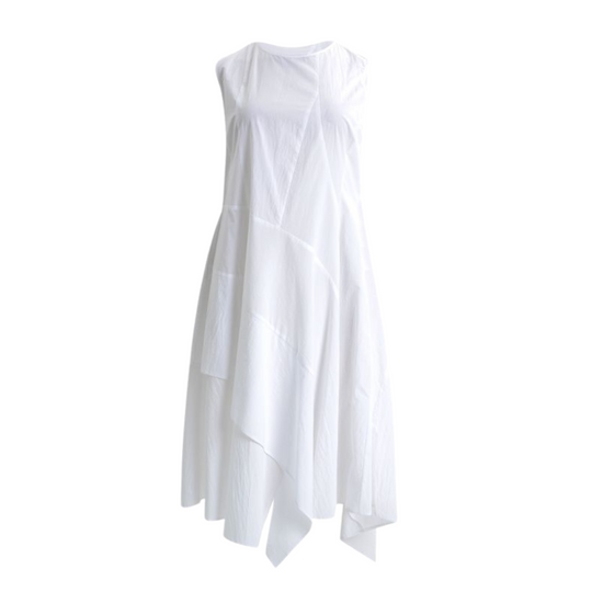 White 100% cotton sleeveless A-line dress with asymmetric layered hem – Mat Fashion
