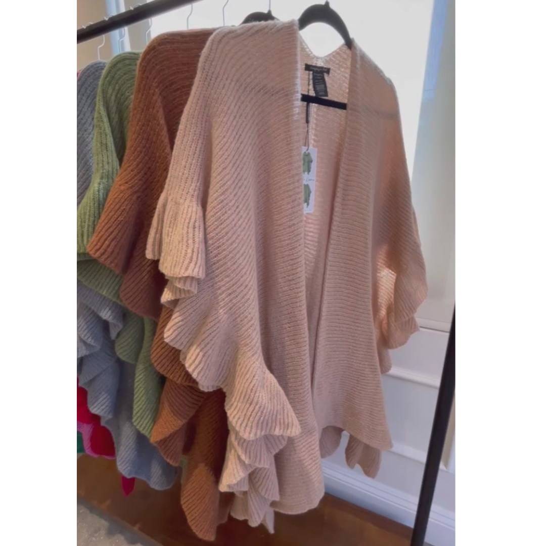 Ruffle Sleeve Knit Shawl - Beige