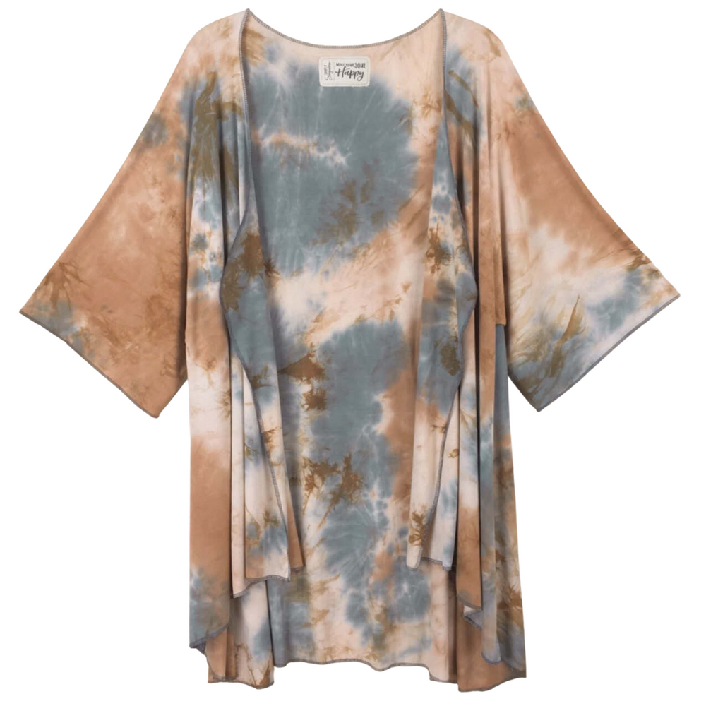 A tie-dye kimono top with an open front design in shades of blue and green on a neutral background.