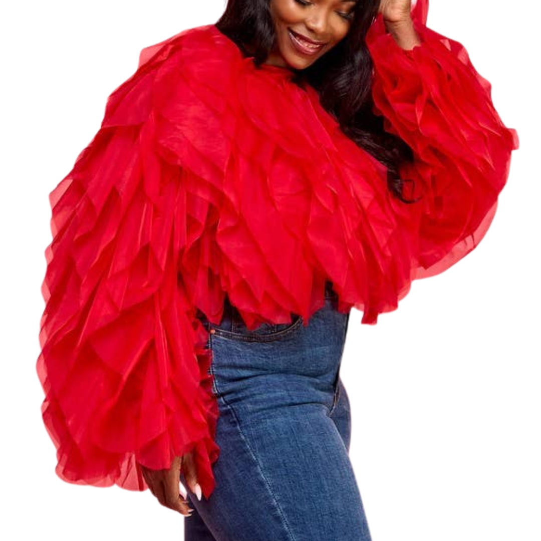 Dreamscape Ruffle Tulle Crop Top - Red