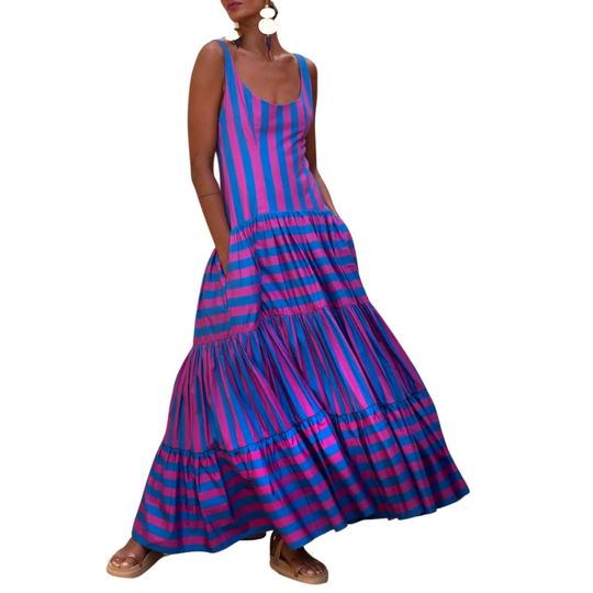 Model wearing fuchsia and indigo striped maxi dress with scoop neck and tiered skirt – Erika Peña Selena Dress