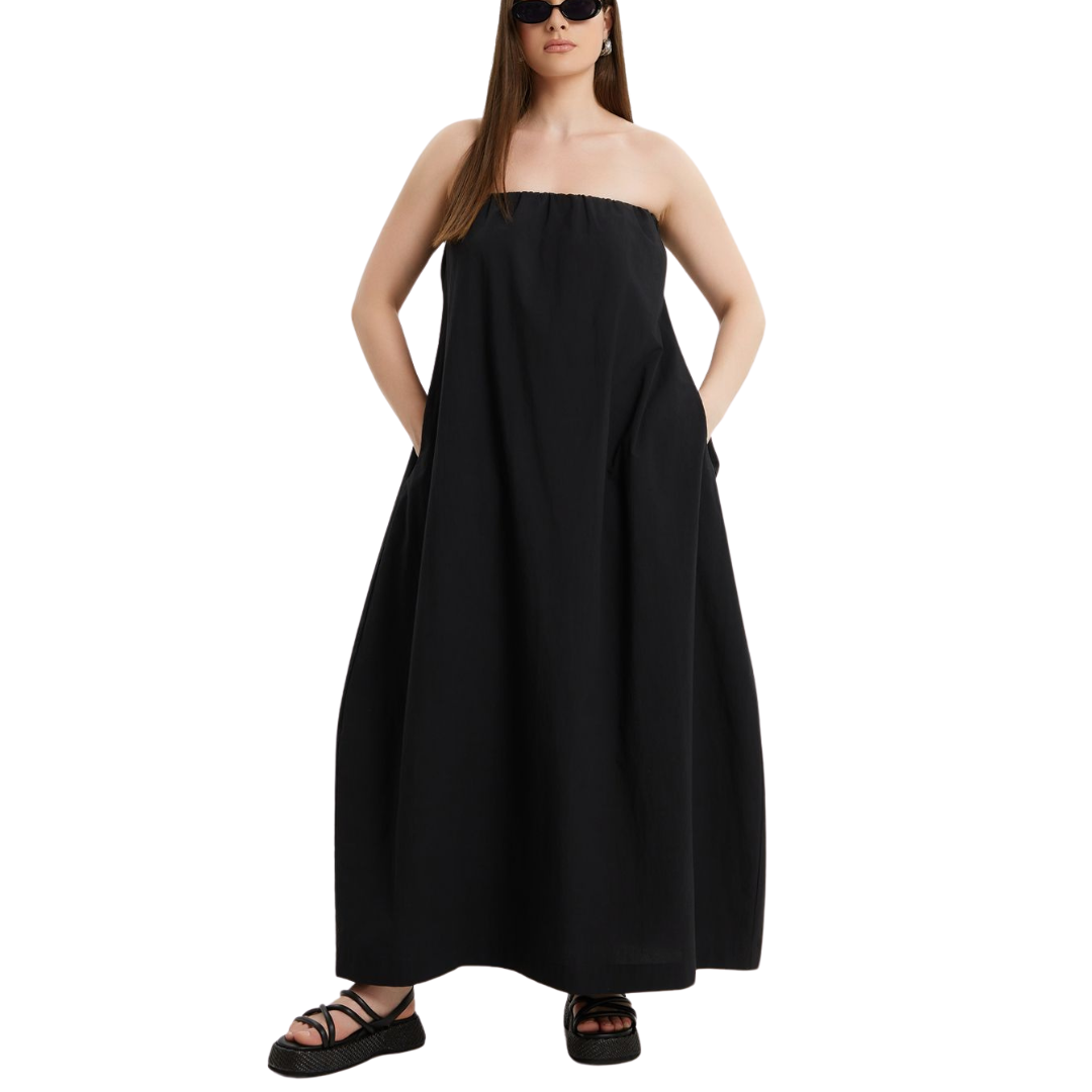 Strapless black A-line maxi dress with pockets, made from 100% cotton – Mat Fashion