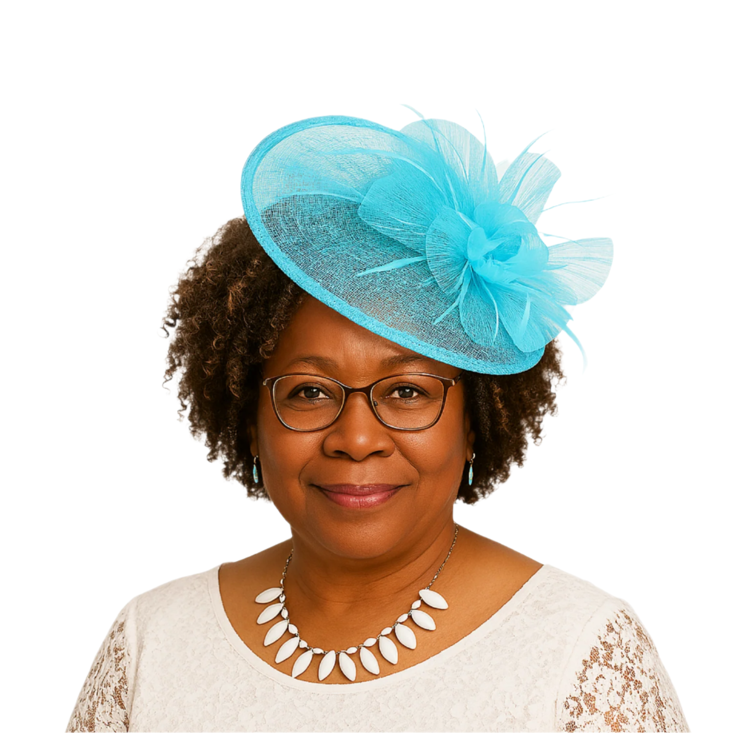 Woman wearing a turquoise decorative headpiece on a white background