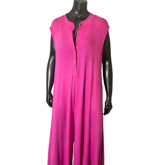 Wide Leg Button-up Loose Fit Solid Knit Jumpsuit: Fuchsia