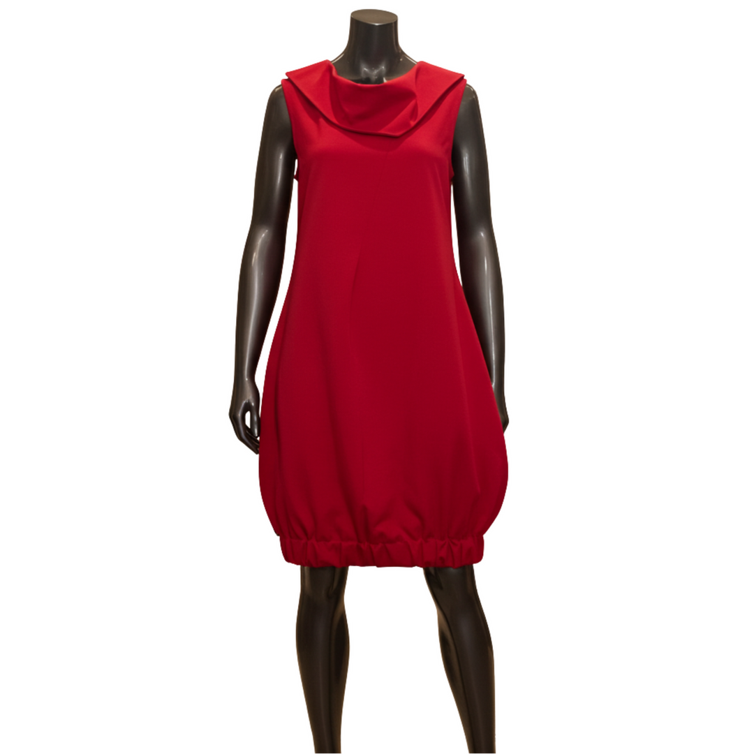 Red dress on a mannequin against a white background