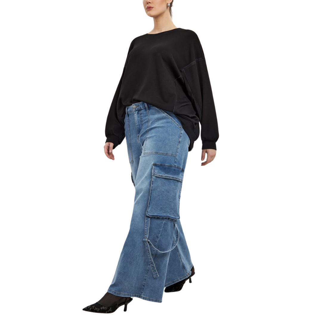 Washed Blue Wide Leg Cargo Jeans - Plus Size