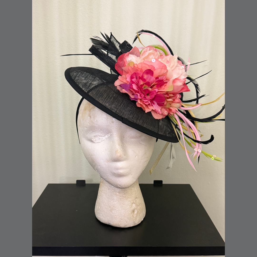 Black Brimmed Fascinator with Pink Bloom & Feather Detail