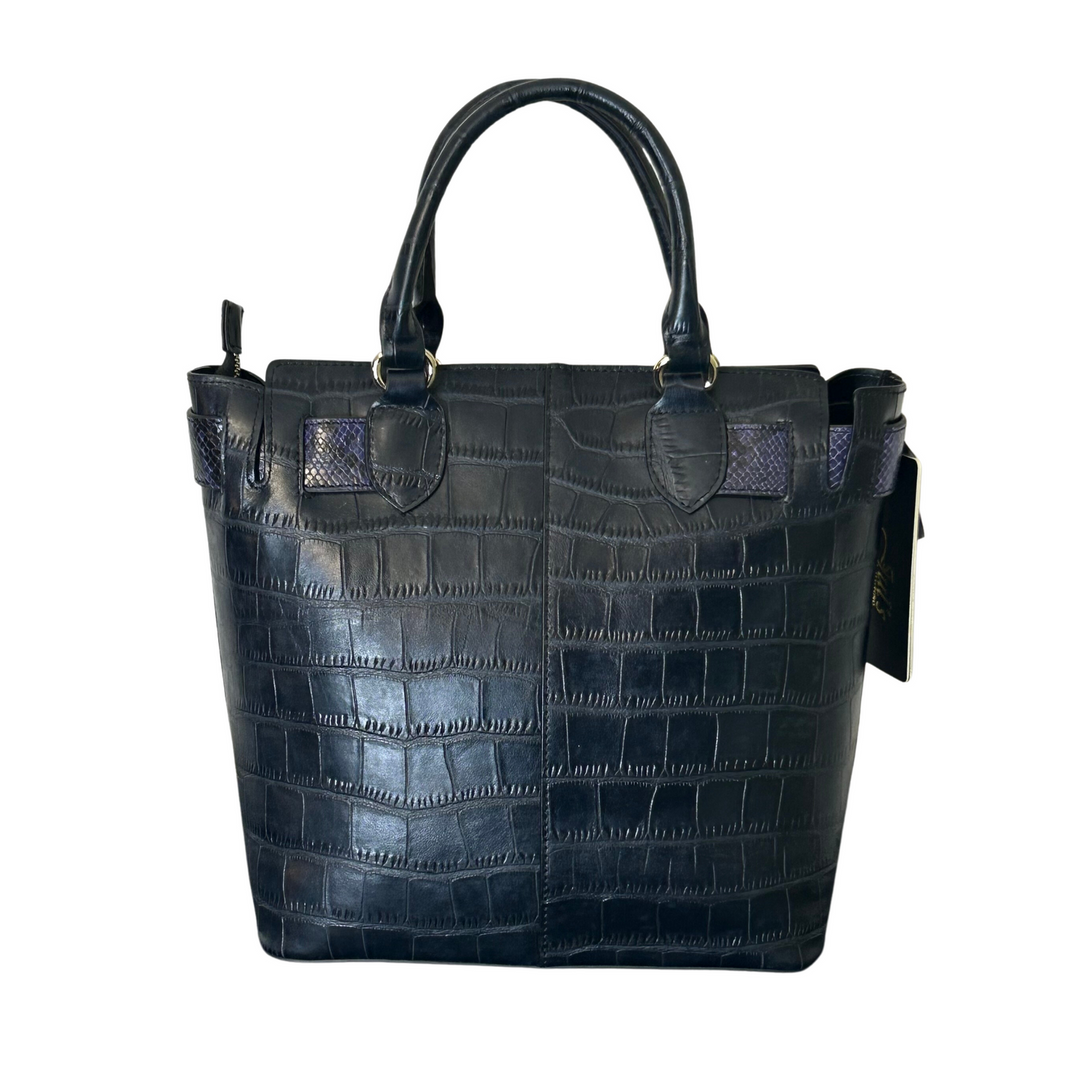 Navy Blue Leather Reptile Embossed Tote Bag