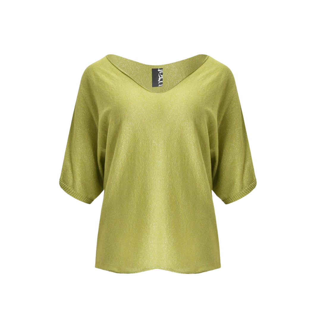 Chartreuse metallic shimmer sweater with V-neck and elbow-length sleeves – Mat Fashion