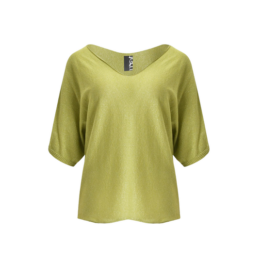 Chartreuse metallic shimmer sweater with V-neck and elbow-length sleeves – Mat Fashion