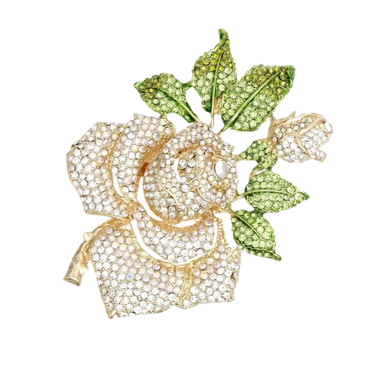 Flower Rose with Green Leaf Rhinestone Brooch Pin - Gold Crystal