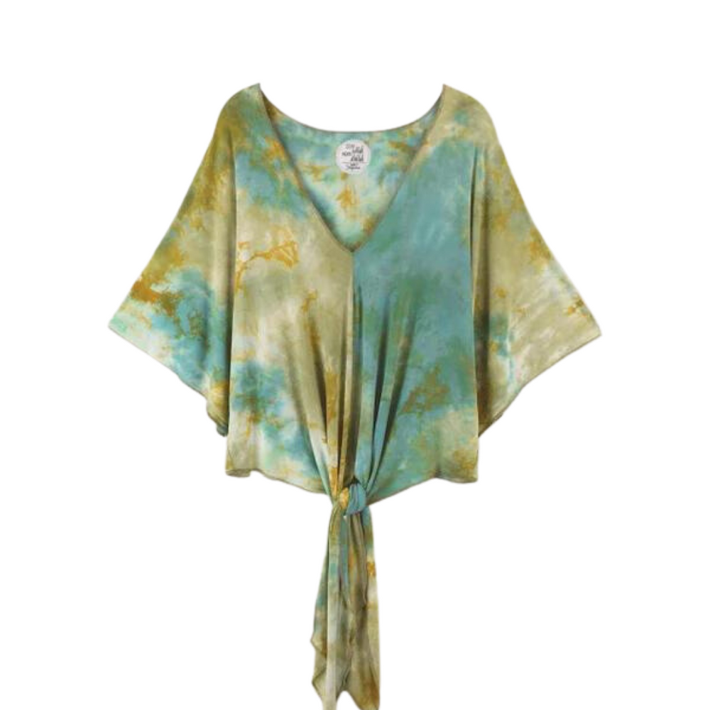 Tie-dye kimono-style top with a V-neck and wide sleeves on a white background