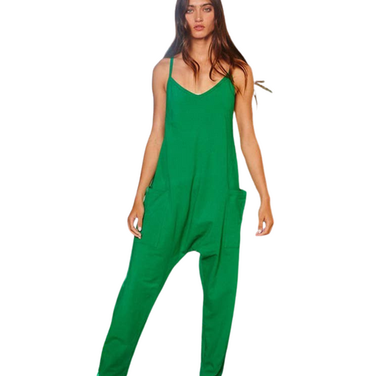 Drop Crotch V-neck Solid Jersey Jumpsuit - Kelly Green