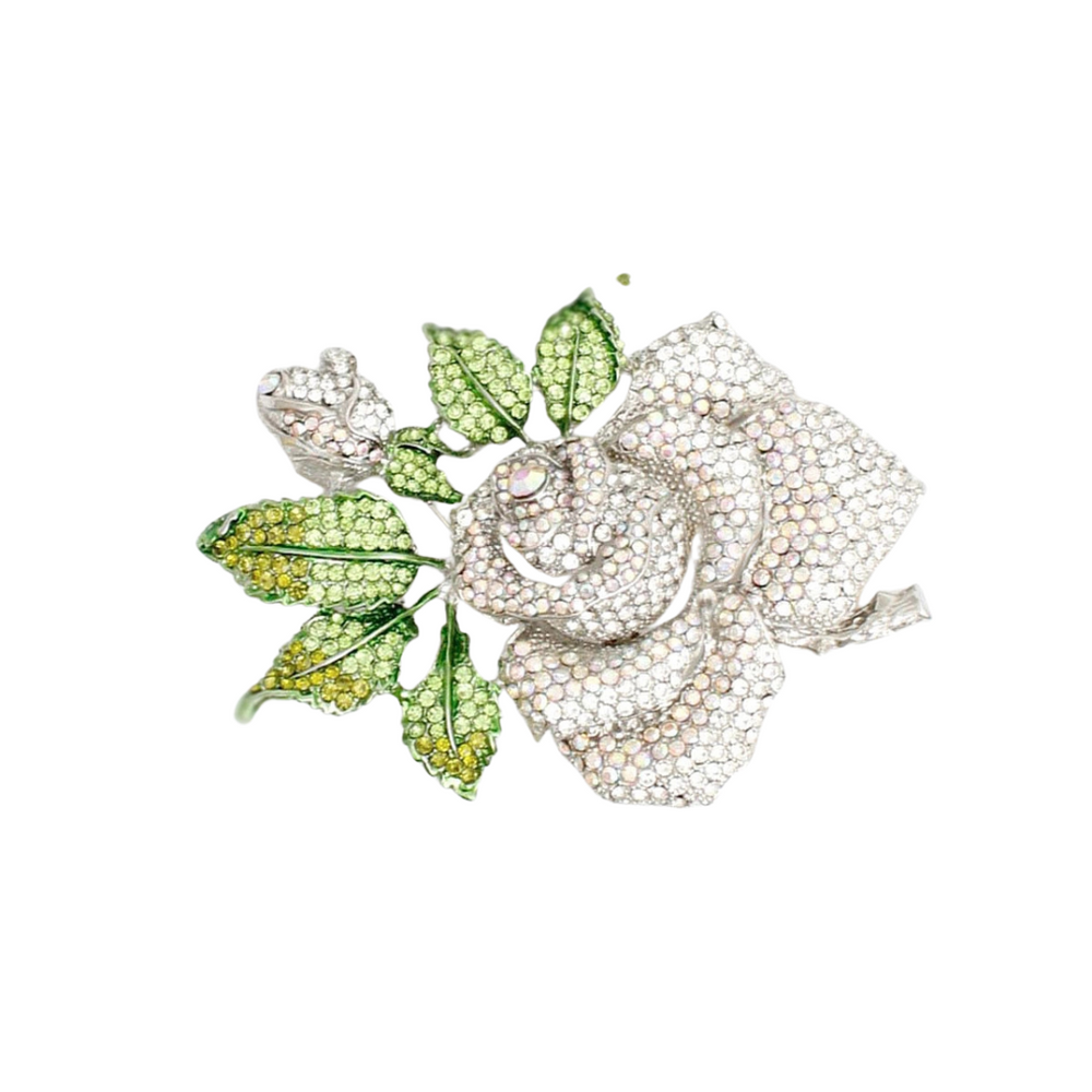 Flower Rose with Green Leaf Rhinestone Brooch Pin - Silver